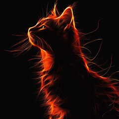 An artistic portrait of a cat gazing upward, illuminated with glowing, fiery outlines in a dark setting