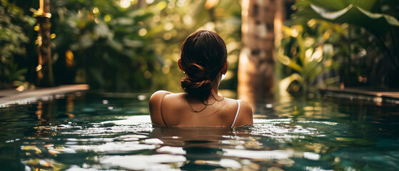 Woman in a spa pool relaxing, taking care of her skin and having peace of mind
