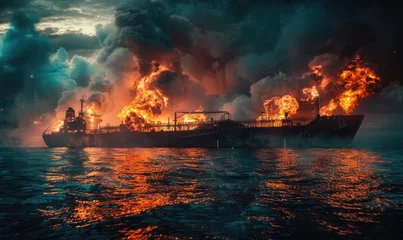 Gordijnen A burning oil tanker in the ocean © piai