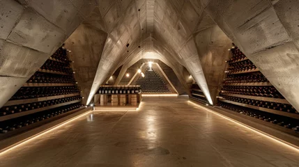Fotobehang architecture, a modern walk in triangle wine cellar cave with wine bottles  © Barbara Taylor