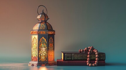 Silver lantern illuminating a vintage Quran and prayer beads evoking a serene Ramadan atmosphere isolated on a gradient background