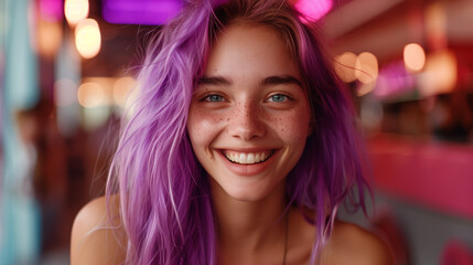 Obraz na płótnie Canvas Young woman with purple hair smiling brightly, bokeh lights background.
