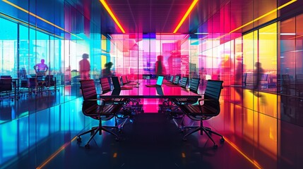 conference room, business meeting in a modern neon colorful cosmicpunk, office interior blurred 