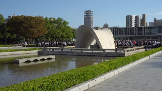 Cenotaph for the A-Bomb Victims at Hiroshima Peace Memorial Park in Japan