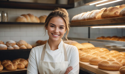 Beautiful young female baker standing in a bakery and smiling at the camera