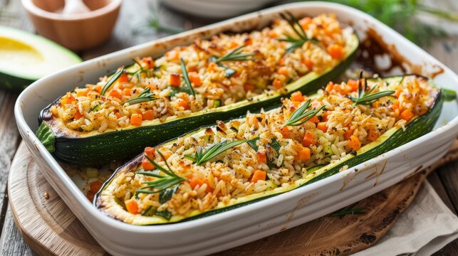 Zucchini filled with a mixture of carrot and rice, then baked.