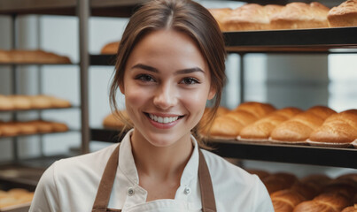 Beautiful young female baker standing in a bakery and smiling at the camera