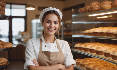 Beautiful young female baker standing in a bakery and smiling at the camera