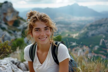 woman in a white t-shirt hiking up a mountain  - obrazy, fototapety, plakaty