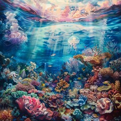 Fototapeta na wymiar A vibrant underwater scene unfolds with a sunset sky above, showcasing a bustling coral reef teeming with marine life and delicate jellyfish floating gently