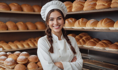 Beautiful young female baker standing in a bakery and smiling at the camera