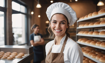 Beautiful young female baker standing in a bakery and smiling at the camera