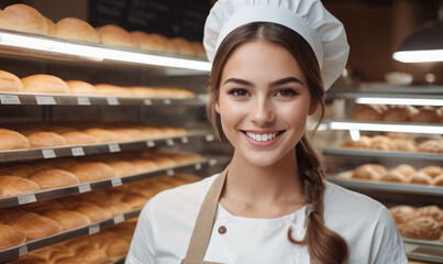 Beautiful young female baker standing in a bakery and smiling at the camera