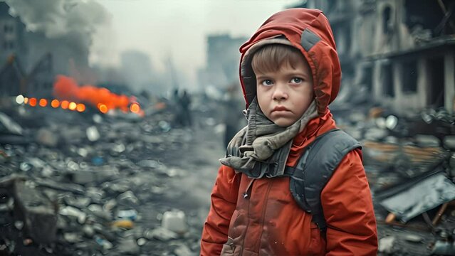 Desperate Poor Afraid Child Standing in The Middle of War Zone Deserted Demolished City Buildings Burning in the Background,generative ai
