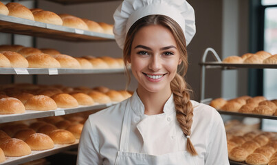 Beautiful young female baker standing in a bakery and smiling at the camera