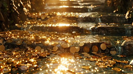 
gold coins spilling down the wet steps in the sun - obrazy, fototapety, plakaty