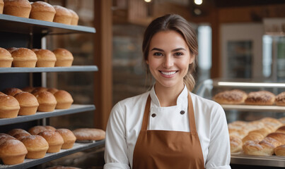 Beautiful young female baker standing in a bakery and smiling at the camera