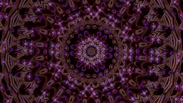 Abstract Kaleidoscope pattern with full colors. Magic mandala. 4k of smooth lines waves glittering light effect on round shape in center, black background 
