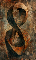 Intertwined metallic rings on a distressed copper-toned background suggest infinite continuity.
