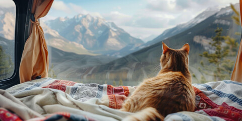 Felidae admiring the mountain landscape from a bed, under the sky. Generative AI