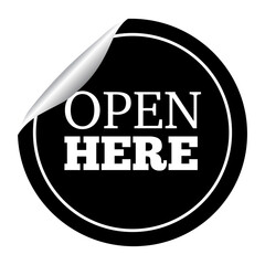 OPEN HERE sticker black white color