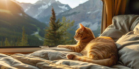 Felidae carnivore cat lounging on bed by window, mountains in background. Generative AI - obrazy, fototapety, plakaty