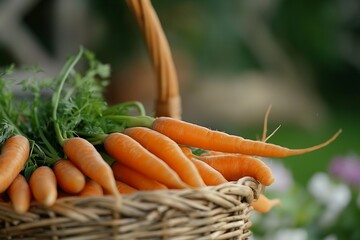 Wicker basket with fresh carrots closeup, basket full with carrots closeup, carrots in the basket, fresh carrot in the basket closeup, carrot, healthy vegetable, healthy food