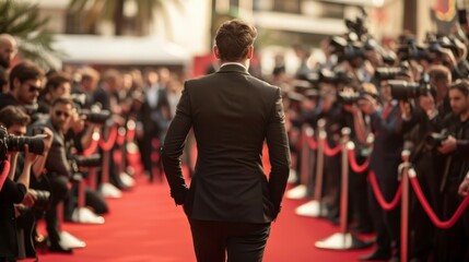 elegant man in a suit on a RED carpet surrounded by photographers and lights in high resolution and high quality HD - obrazy, fototapety, plakaty