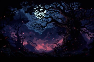 a magical night landscape with a fantasy forest, dark trees, moon