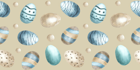 Pattern with eggs, blue and green colors, drawn with watercolor. Easter wrapping paper design, greeting card backdrop. beige background