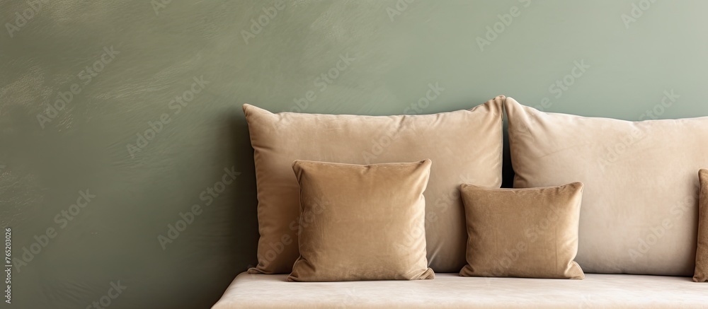Aufkleber an elevated couch with four soft cushions arranged neatly and an additional cushion placed on top