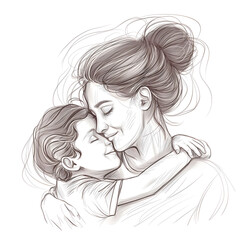 portrait of a mother and child demonstrating their connection,happy Mother's Day celebration, illustration in the style of linear drawing,concept of greeting cards, banners,posters,monochrome