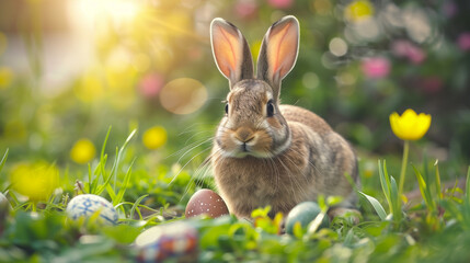 Bunny in the grass with Easter eggs