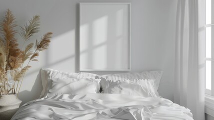 Frame mockup, white cozy bedroom interior with bed and white blank wall, 3D rendering, generative AI