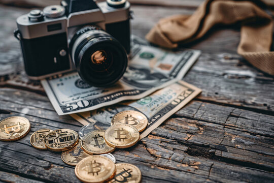 a camera and money on a table