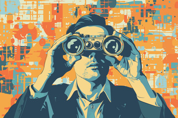 Observation, search for opportunity, curiosity or surveillance, inspect or discover new business, job search or HR finding candidate concept, curious businessman look through binoculars with big eyes.