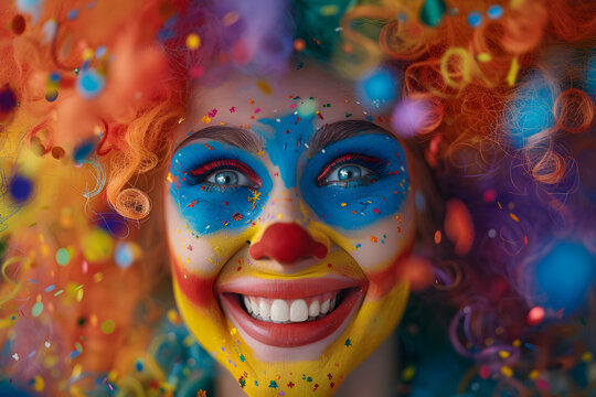 A lively and colorful image of a happy clown with curly hair, radiating joy and celebration. Perfect for event promotions, entertainment industry, or children's parties.