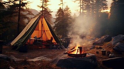 Camping in forest. Morning at camp. Traveling with tent and campfire. Summer outdoor activities