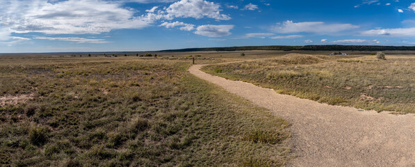 Fort Union National Monument in New Mexico. Preserves fort's adobe ruins along Santa Fe Trail. Earthworks and trail mark the site of the second star shaped fort. 