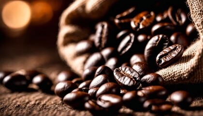 Close-up of roasted coffee beans with a focus on their texture, perfect for gourmet backgrounds or culinary themes. - obrazy, fototapety, plakaty