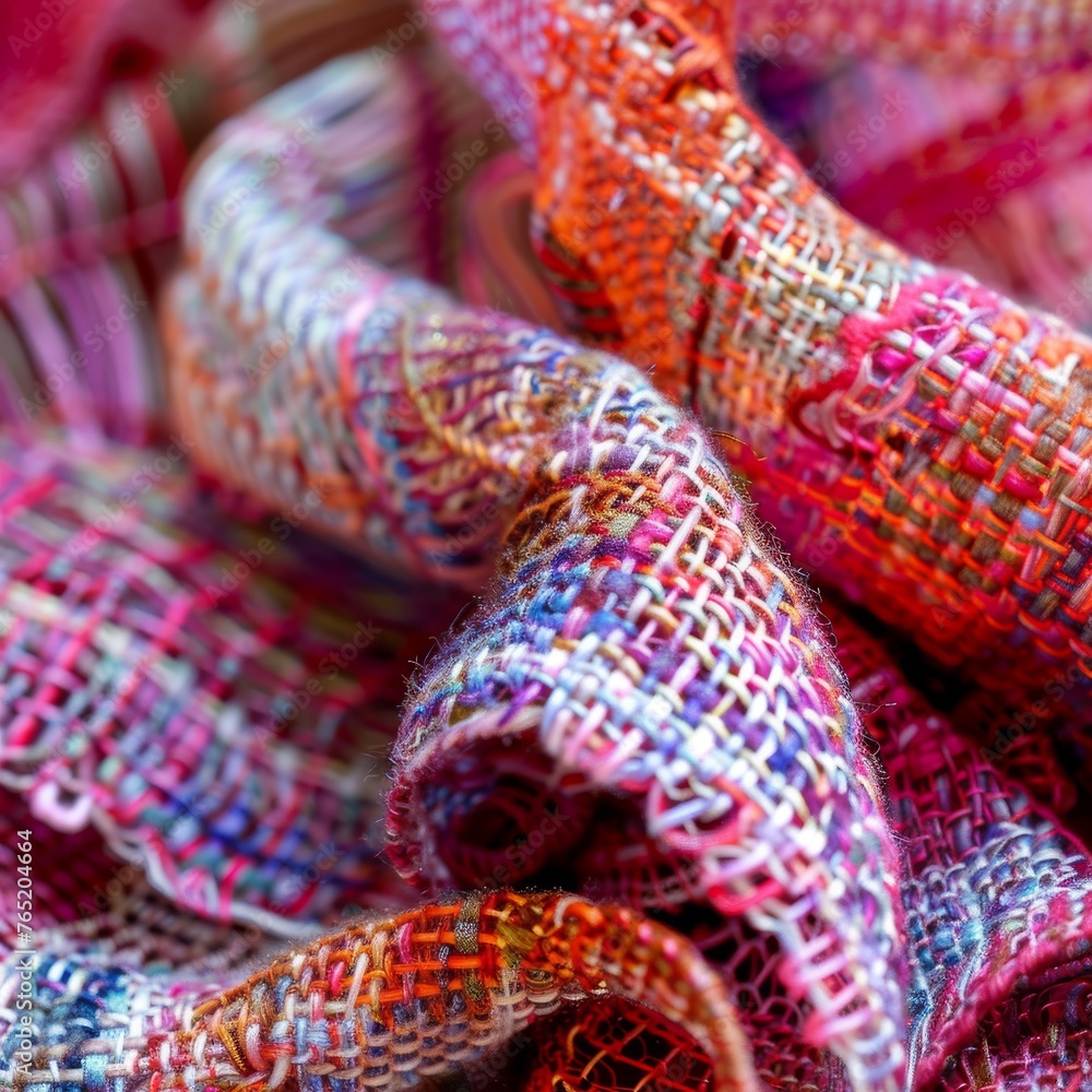 Poster detailed view of textured, multicolored fabric, emphasizing the complex weave and rich colors, suita