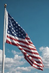 Flag of United states of america against blue sky