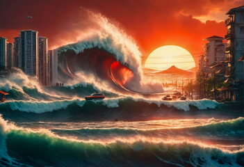 Tsunami hits city, giant sea waves attack buildings. - obrazy, fototapety, plakaty