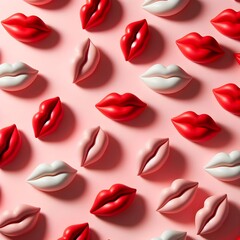 A pattern made with bright red lips figurine on pastel pink background. Valentines day concept with kisses