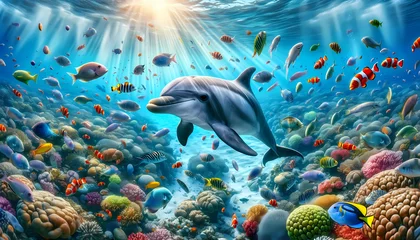  Dolphin in a underwater scene with colorful fishes and coral © Thomas