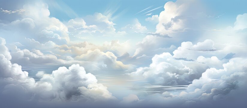 A serene natural landscape painting capturing a cloudy sky with the sun peeking through cumulus clouds, creating a calm atmosphere and a beautiful horizon
