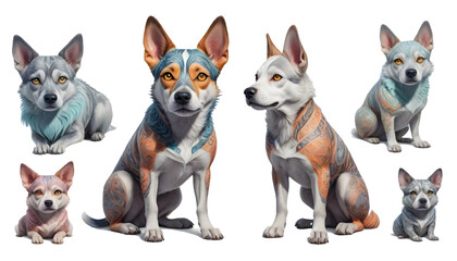 Multiple stylized dog with various colors Set of three dog Lassie , Balto , Hachiko isolated on transparent background. Concept of pet. Concept of animals. Animals PNG
