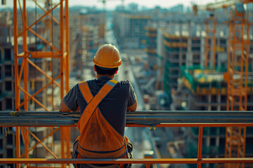a man in a hard hat and overalls looking at a construction site