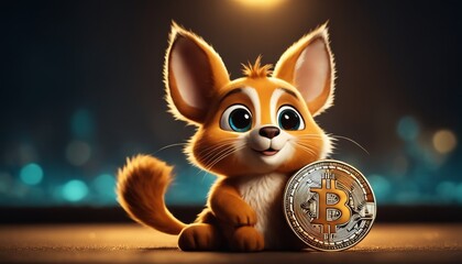 A digital illustration of a charming fennec fox holding a large Bitcoin, set against an urban night backdrop, symbolizing modern finance - obrazy, fototapety, plakaty