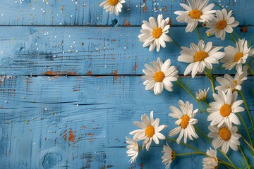 a group of white flowers on a blue wood surface